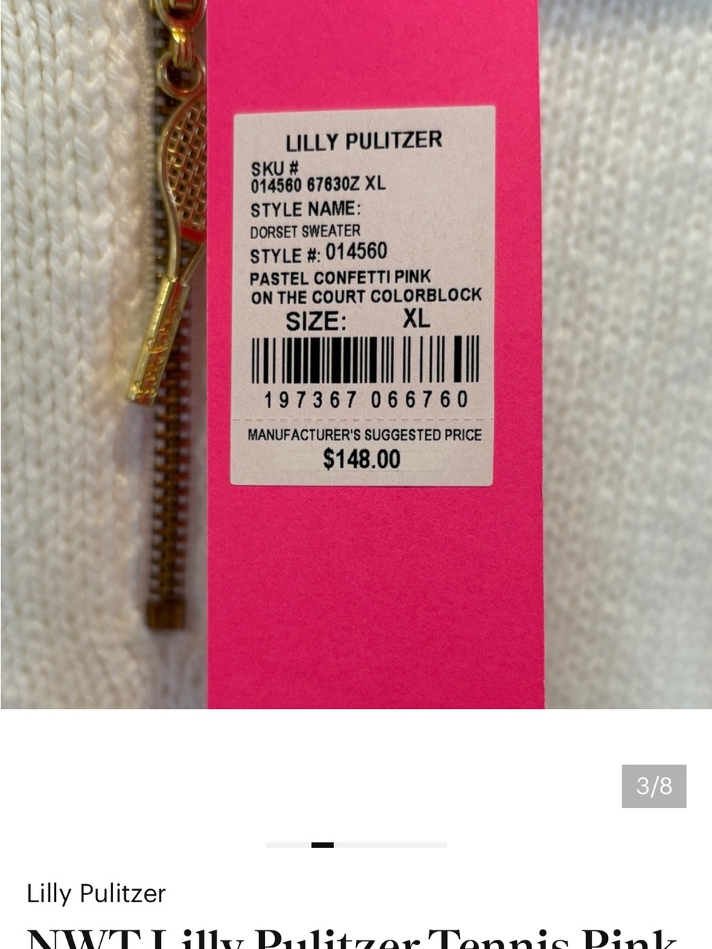 NWT Lilly Pulitzer Pink and White Ombre Half-Zip Tennis Sweater - Picture 3 of 8